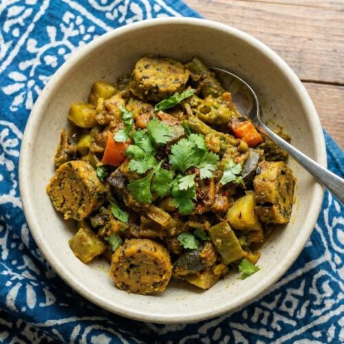 authentic Gujarati Undhiyu with winter vegetables and methi muthiya